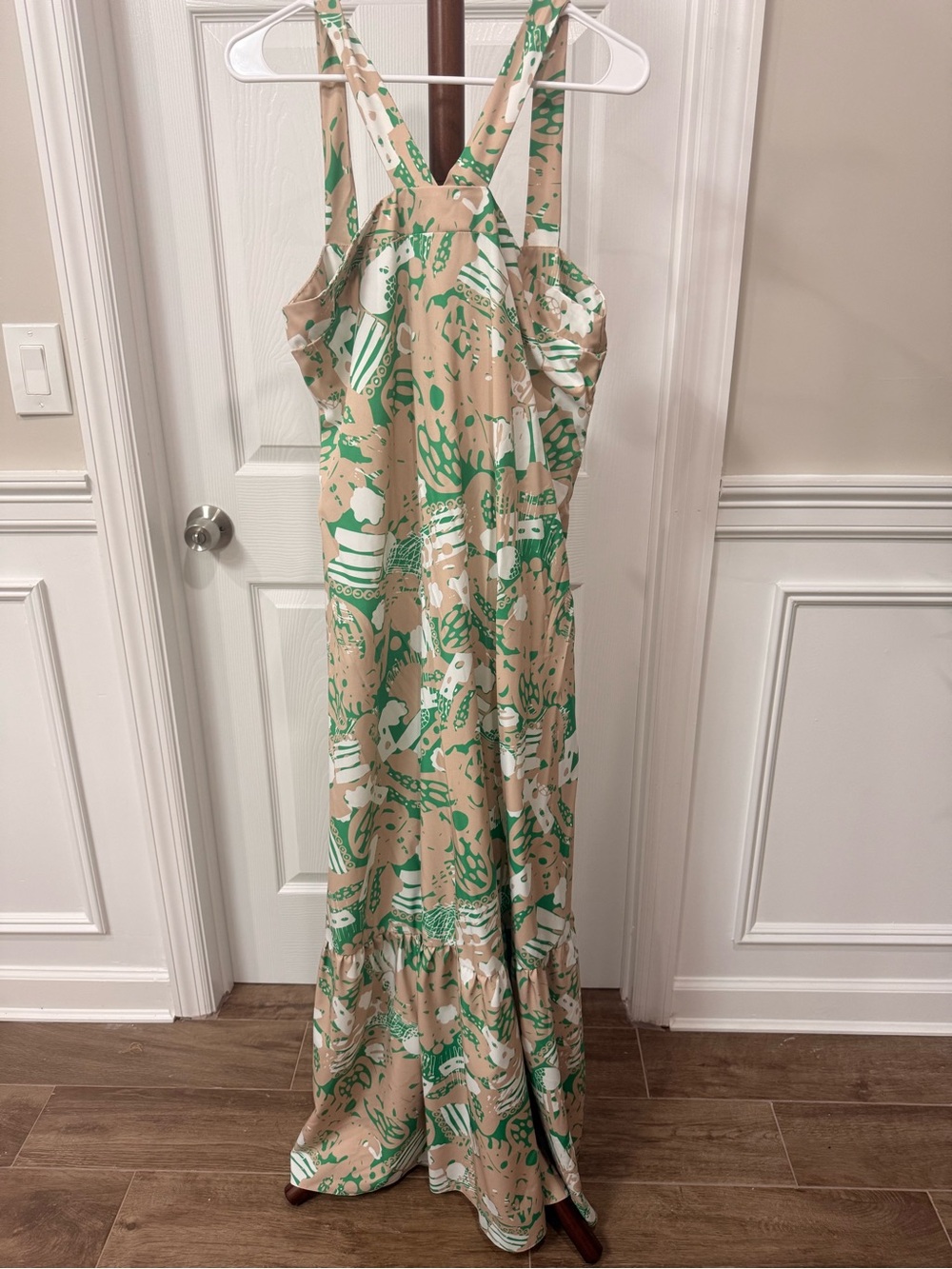 Summer Vacation Maxi Sleeveless Beige and Green Printed Maxi Dress
